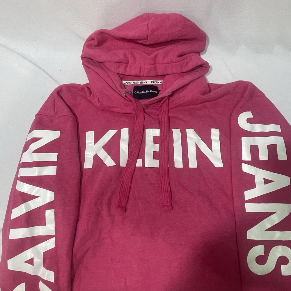 CALVIN KLEIN JEANS Womens Crop Graphic Pullover Pink Hoodie Size Large